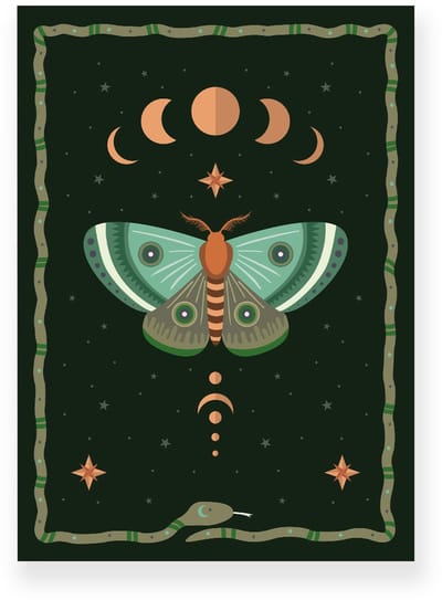 Poster 20x30 cm - Nachtvlinder - Maanfases - Donkergroen - Oranje - Bohemian - Spiritueel - Muurdecoratie - Wanddecoratie