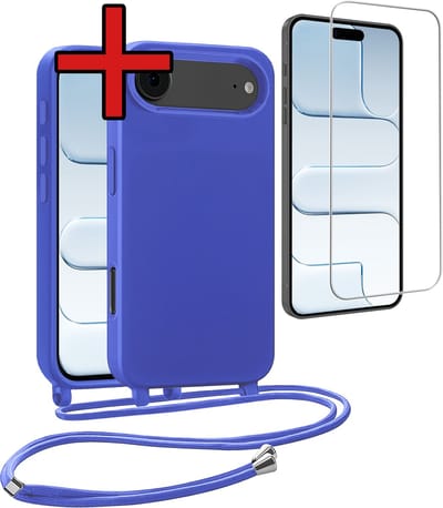 Hoesje Geschikt voor iPhone Air Hoesje Siliconen Case Met Koord Met Screenprotector - Hoes Geschikt voor iPhone Air Hoesje Backcover Met Telefoonkoord - Felblauw