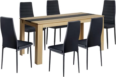 Eettafel 160 cm met 6 stoelen zwart wit donkergrijs rechthoekig houten tafel eetkamergroep voor woonkamer keuken kantoor