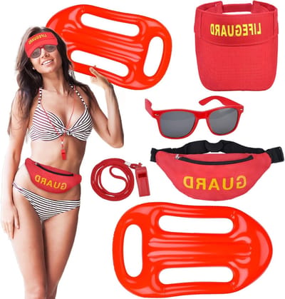 5-delige Lifeguard Kostuum Set voor Halloween met Hoed, Heuptas, Fluit en Zonnebril - Perfect voor Poolparty's en Themapartijen