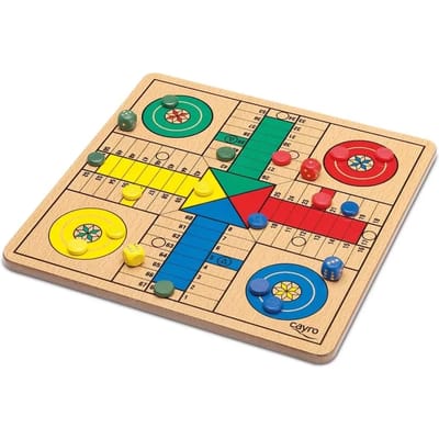 Houten ganzenpaard bordspel met metalen doos Cayro