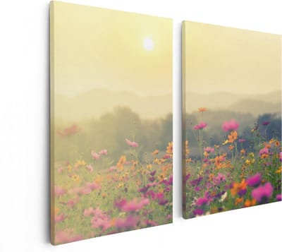 Artaza Canvas Schilderij Tweeluik Bloemenveld Met Kosmos - Zonsondergang - 80x60 - Foto Op Canvas - Canvas Print