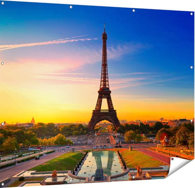 Gards Tuinposter Parijs Eiffeltoren tijdens de Zonsopkomst - 150x120 cm - Tuindoek - Tuindecoratie - Wanddecoratie buiten - Tuinschilderij