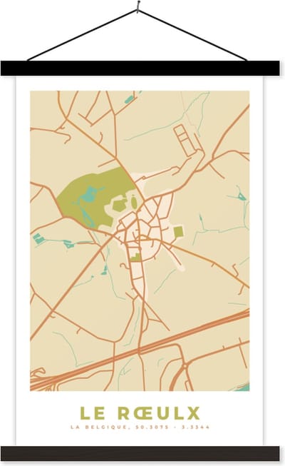 Posterhanger incl. Poster 40x60 cm - Schoolplaat - Stadskaart - La Roeulx - Vintage - Plattegrond - Kaart - Textielposter - Zwarte latten - Stadskaart