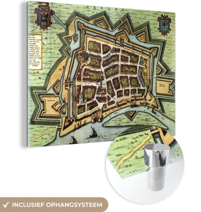 MuchoWow® Glasschilderij 40x30 cm - Schilderij acrylglas - Plattegrond - Vintage - Venlo - Foto op glas - Schilderijen - Stadskaart