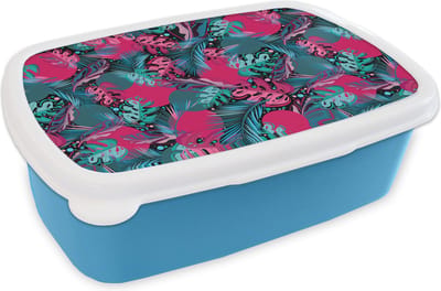 Broodtrommel Blauw - Lunchbox - Brooddoos - Bladeren - Hawaii - Design - Roze - Blauw - 18x12x6 cm - Kinderen - Jongen