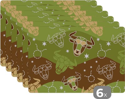 Placemat - Placemats kunststof - Stier - Zodiac - Groen - Patroon - 45x30 cm - 6 stuks - Hittebestendig - Anti-Slip - Onderlegger - Afneembaar