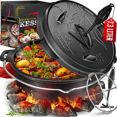KESSER® Dutch Oven Gietijzeren Pan met Deksel voor Buiten & Binnen BBQ Multifunctionele Kookset - Barbecuepan Braadpan voor 2-5 personen met standaard - 7,2 Liter, Zwart