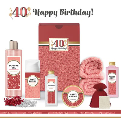 Geschenkset “40 Jaar Happy Birthday!” - 8 producten - 685 gram | Cadeau vrouw - Giftset voor haar - Gefeliciteerd - Set Verjaardag - Geschenk jarige - Cadeaupakket moeder - Vriendin - Zus - Verjaardagscadeau - Rood
