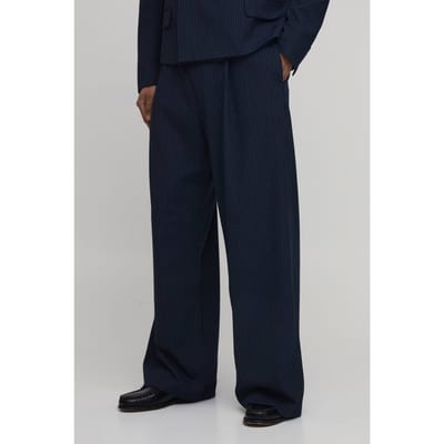 Gestreepte Wijde Pijpen Plooivoorkant Gesneden Pantalon | Navy | Size 36