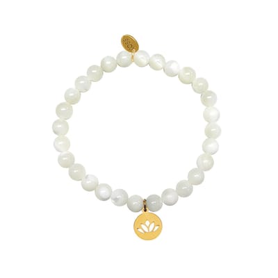 CO88 Collection 8COSAM-220038 Kralenarmbandje Met Hangertje Lotusbloem - 6 mm Dikte - Wit - Goudkleurig