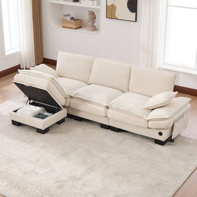Modulaire 3-zits corduroy bank (met 1 poef) – brede zitting, ergonomisch ontwerp, vulling van schuim met hoge dichtheid, USB-C-poort en zijvakken. Ideaal voor de woonkamer, het kantoor of de lounge. Beige