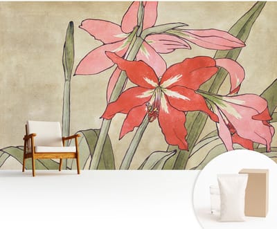Wallfluent Behang - Dagbloem Muurbehang - 416x254 cm - Beige Behang - Voor liefhebbers van natuur en oosterse kunst - Behang Voor de woonkamer, slaapkamer en kantoor - Wanddecoratie Bloemen en planten