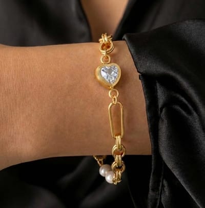 La Rosa Princesa Parel Hart Schakel Armband Dames Zirkonium steen & Goldplated Roestvrijstaal – Verstelbaar – Luxe cadeau Liefde