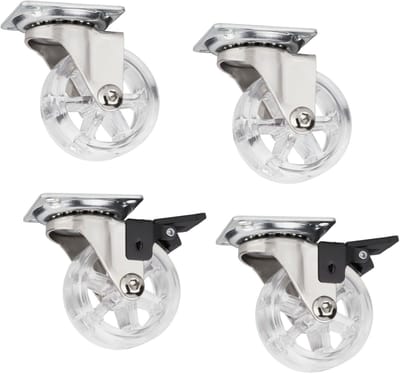 Set van 4 decoratieve design meubelwielen RAPID wielen Ø 50 mm transparant (2 x met rem + 2 zonder rem), draagvermogen 35 kg, hoogte 64 mm, meubelzwenkwielen van SOTECH
