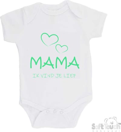 100% katoenen Romper "Mama, ik vind je lief" Moederdag Unisex Katoen Wit/mint Maat 62/68