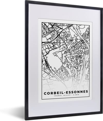 Fotolijst incl. Poster Zwart Wit- Kaart - Corbeil-Essonnes - Stadskaart - Frankrijk - Plattegrond - Zwart wit - 30x40 cm - Posterlijst