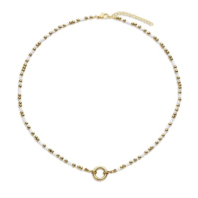 CO88 Collection 8CN-26401 Kralenketting met Ronde Karabijnring - 12mm - 40+5cm - 3mm Dikte - Staal - Kralen - Wit;Goudkleurig