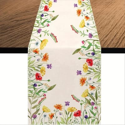 Chemin de table en lin Wildflower Aquarelle Printemps Décoration de maison Été Coloré Floral Chemin de table pour table de cuisine et de salle à manger Décoration de mariage 150x33cm