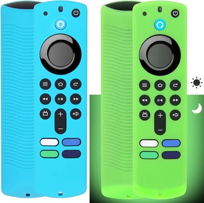 2-Pack Anti-Slip Silicone Beschermhoes voor Fire TV Stick Alexa Afstandsbediening, Inclusief Lanyard - Geschikt voor 3e Generatie, Groene Gloed en Turquoise Zonder Gloed