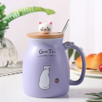 Schattige Cartoon Keramische Kop Japanse Koffiemok met Houten Deksel en Lepel Iced Yoghurt Smoothie Sapbeker Hittebestendige Watermok 401-500ml