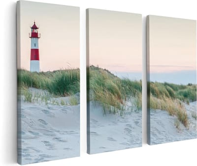 Artaza Canvas Schilderij Drieluik Strand En Duinen Met Een Vuurtoren - 120x80 cm - Wanddecoratie Woonkamer - Schilderijen - Muurdecoratie