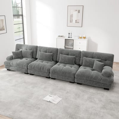 DESMIU Hoekbank 406 x 77 x 81 cm - Modulaire 4-Zits Met Diepe Zitting En Chenille Bekleding - Voor Woonkamer En Kantoor - Grijs