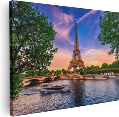 Artaza Canvas Schilderij Eiffeltoren - 80x60 cm - Wanddecoratie Parijs - Muurdecoratie Zonsondergang - Schilderijen Op Canvas Skyline