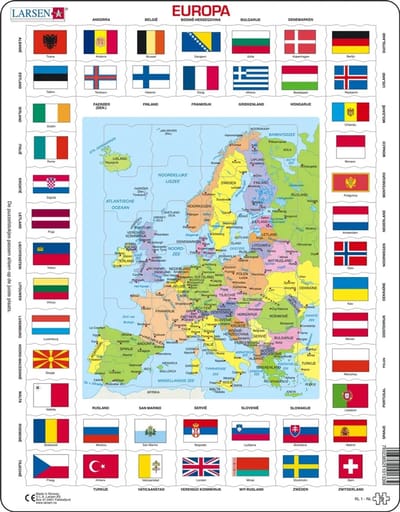 Larsen Europa met vlaggen – Puzzel – Kaarten & Geografie – Europa – Educatieve legpuzzel voor kinderen – 70 stukjes – Gemaakt in Noorwegen – Extra dikke 2,5 mm stukjes – Tray met vaste rand