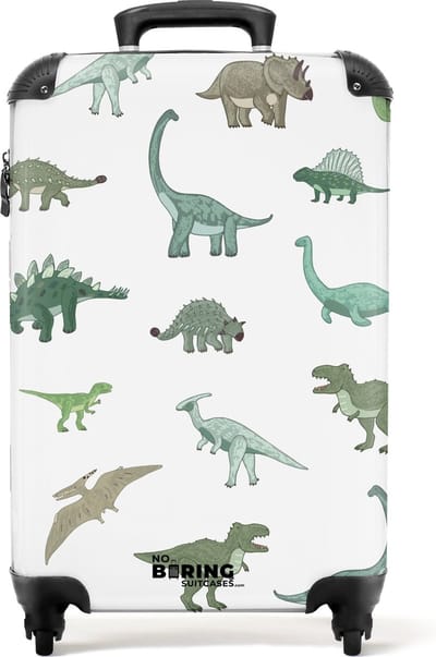 NoBoringSuitcases.com® - Kinderkoffer jongen - Kindertrolley jongens - Dino patroon - Handbagage koffer lichtgewicht - Reiskoffer trolley kinderen - Rolkoffer met wieltjes - Past binnen 55x40x20 en 55x35x25