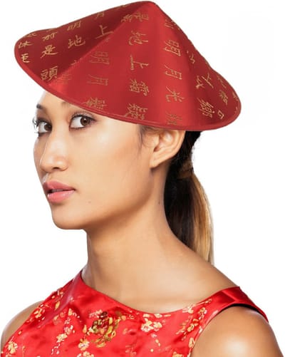 Aziatisch/chinees hoedje - Rood - Gouden tekens/letters - Carnaval verkleed hoedjes - Voor volwassenen