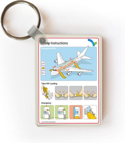 Sleutelhanger - Een illustratie van een veiligheidskaart van een vliegtuig - Uitdeelcadeautjes - Plastic