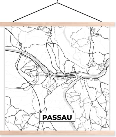 Posterhanger incl. Poster 40x40 cm - Schoolplaat - Kaart - Passau - Plattegrond - Stadskaart - Textielposter - Blanke latten - Stadskaart