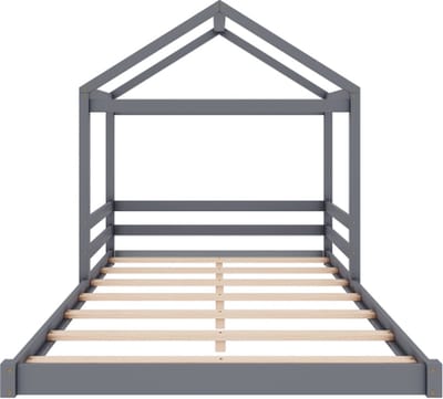 Gotagee Huisbed 140x200cm kinderbed (zonder matras) massief houten bed tweepersoonsbed jeugdbed houten bed vloerbed met lattenbodem grenenhout grijs