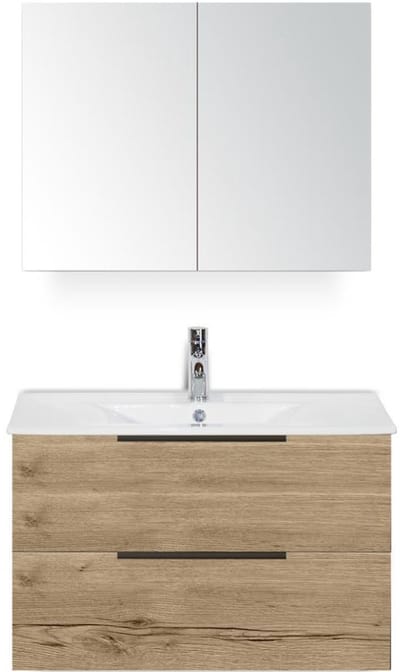 Seville Badmeubelset 80 cm - Natuur Eiken Edge Greep - Wastafel Enjoy met Spiegelkast