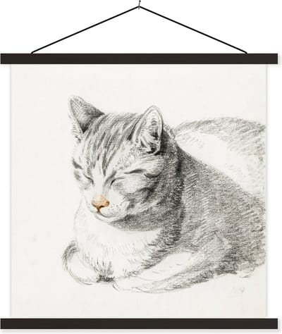 Posterhanger incl. Poster 60x60 cm - Schoolplaat - Liggende kat, schuin naar voren - schilderij van Jean Bernard - Textielposter - Zwarte latten
