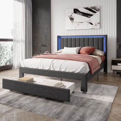 Tweepersoonsbed 140x200 Grijs Gestoffeerd Met 4 Lades en LED Verlichting