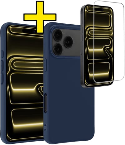 Hoesje - Met Screenprotector - Geschikt voor Apple iPhone 17 Pro - Sterk & Shockproof - Back Cover - Siliconen Case - Telefoon Hoes - Telefoonhoesjes - Donkerblauw