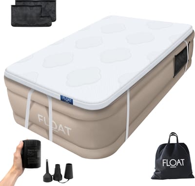 FLOAT - 1 Persoons luchtbed met (5 cm) Foam Topper - 191x99x45 cm - Opbergzakken, draagtas en reparatiekit - Zelfopblazend één persoons luchtmatras - Ingebouwde elektrische pomp - Stevig Logeerbed - CloudSpring - Beige