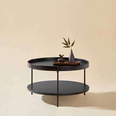 DESMIU Salontafel - Rond Twee Laags Ontwerp Met Open Opbergruimte - Voor Woonkamer Of Slaapkamer - Massief Hout En MDF - 69x69x38 Cm - Zwart