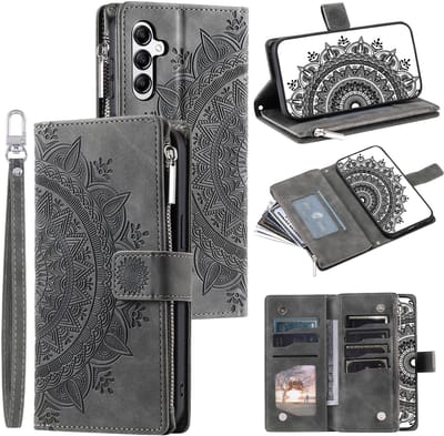 Telestore - Telefoonhoesje geschikt voor Samsung Galaxy A17 5G / A26 5G - Portemonnee met rits - book-case hoesje - ruimte voor 7 pasjes - Portemonnee met rits - book-case hoesje - ruimte voor 8 pasjes - mandala bloemen grijs