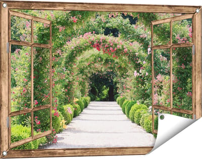 Gards Tuinposter Doorkijk Rozenbogen Tunnel - 90x60 cm - Tuindoek - Tuindecoratie - Wanddecoratie buiten - Tuinschilderij