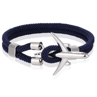 Heren Armband Paracord Vliegtuig Anker Zilverkleurig Blauw-21cm