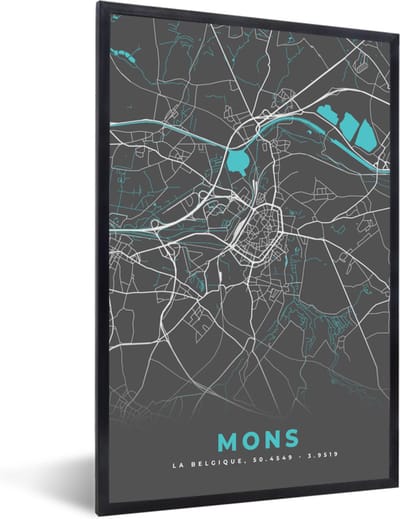 Fotolijst incl. Poster - Stadskaart – Grijs - Kaart – Mons – België – Plattegrond - 40x60 cm - Posterlijst