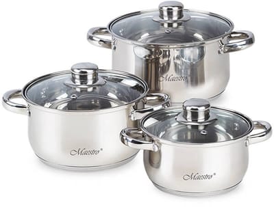 Maestro MR-2020-6XL Pannenset - 6-delig - Hoogwaardig Roestvrij Staal (RVS) - Inclusief Glasdeksels - 3.0L, 4.0L & 5.0L - Inductie & Alle Warmtebronnen - Zilver