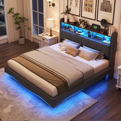 SINGULARITY-Hangend design gestoffeerd bed 160x200 van linnen stof- opbergbed met LED-verlichting- USB en TYPE-C interface Grijs- Zonder matras