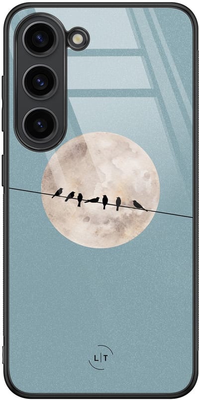 Hoesje geschikt voor Samsung Galaxy S23 - Moon birds - Luxe Glazen Hardcase - Print / Illustratie - Blauw