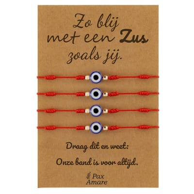 Vriendschapsarmbandjes voor 4 "Zo blij met een zus zoals jij" - Evil Eye - Sisters Armbandjes met Cadeau Kaartje - Rood Oogje - Elastisch Verstelbaar - Pax Amare
