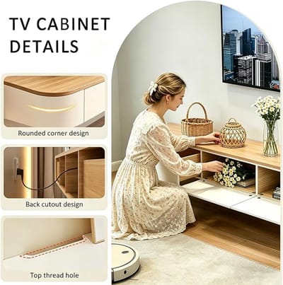 Floating TV Cabinet / Wandgemonteerd TV Meubel 260x24x20 cm – Modern Beige Zwevend TV Kast met 2 Lades, 2 Deuren, Kabelmanagement, Massief Rubberwood – Space Saving Wand TV Meubel voor Woonkamer, Slaapkamer & Eetkamer
