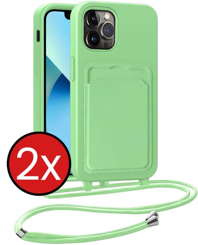 Hoesje Geschikt voor iPhone 13 Pro Hoesje Met Telefoonkoord en Pasjeshouder Siliconen - Hoes Geschikt voor iPhone 13 Pro Hoesje Met Kaarthouder Case - Groen - 2 PACK